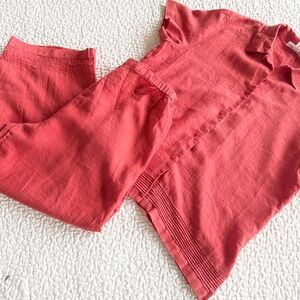 Josephine Chaus Sport Salmon Linen 2-Pc Set Button Up Top Wide Leg Pants Sz XL
